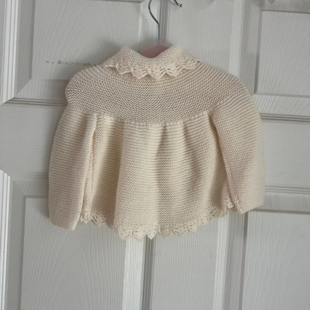 Bamberger's Vintage Knit Cardigan Baby Cream Scalloped Lace Spain Boho